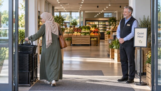 Middle Eastern woman collecting a basket beside a Quiet Hour sign while a greeter leaves an open route into a sensory friendly grocery store