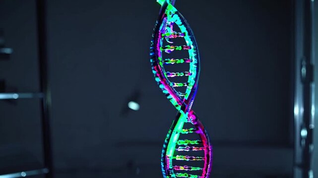 Neon DNA helix suspended in laboratory, rotating glowing strands with colorful nucleotide markers, closeup molecular visualization under cool blue lighting, ai powered genomic simulation evoking.