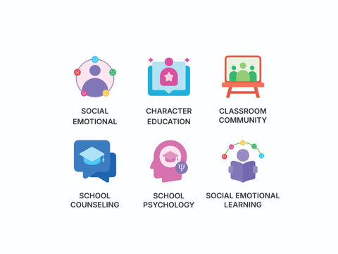 Social Emotional Learning Vector Icon Set: Flat Concepts for School Psychology, Counseling, Character Education, Classroom Community, Mental Health, Education