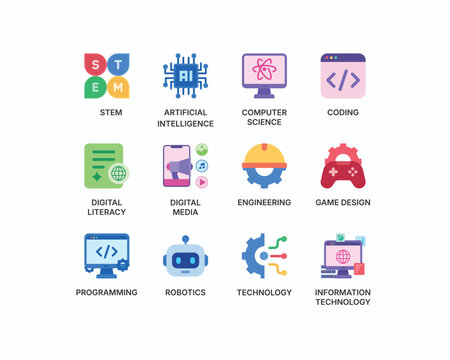 STEM and Technology Education Vector Icon Set: Flat Concepts for Artificial Intelligence, Computer Science, Coding, Digital Media, Engineering, Game Design, Programming, Robotics, IT
