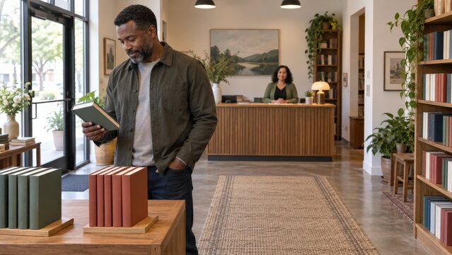Black man browsing a small display of plain covered books while a greeter remains at the counter in a quiet spacious bookshop with gentle lighting