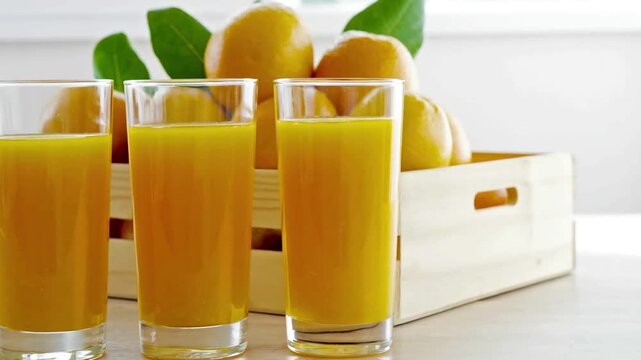 Fresh orange juice glasses in wooden crate with whole oranges, video