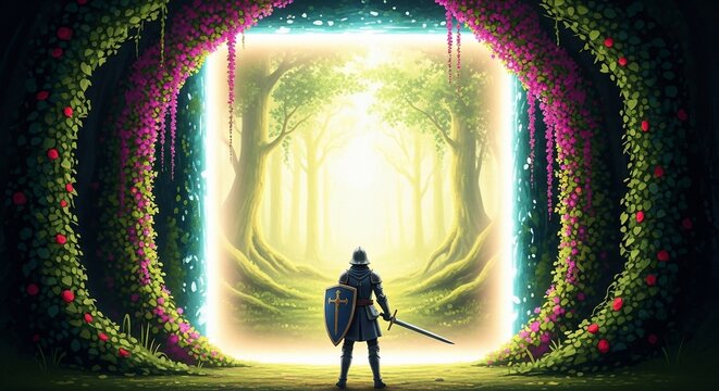 Knight Standing Before a Glowing Magical Forest Portal