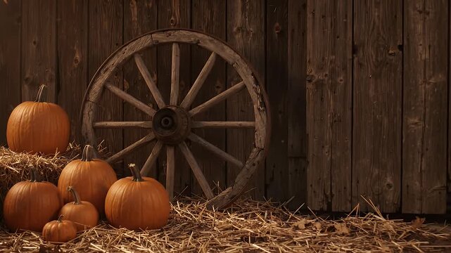 Rustic Wagon Wheel and Pumpkins on Hay Bale Beside Barn Wall - A weathered wagon wheel stands against a rustic wooden barn wall, accompanied by a collection of ripe pumpkins nestled on a bed of dry