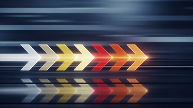 Arrows moving forward in a line, changing colors from white to orange. Concept of progress and speed.