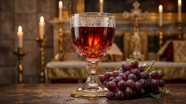 Hyper Realistic 9K Eye Level Macro Close Up Vatican Vino da Messa Sacramental Wine Chalice Food Photography
