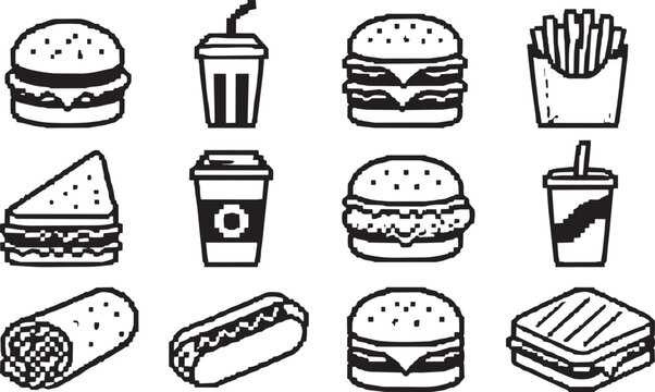Fast food icons set black and white pixel art