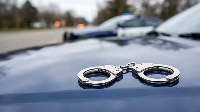 Handcuffs Resting on Police Car Dashboard.