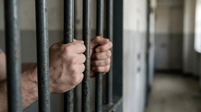 Hands Gripping Metal Prison Cell Bars.