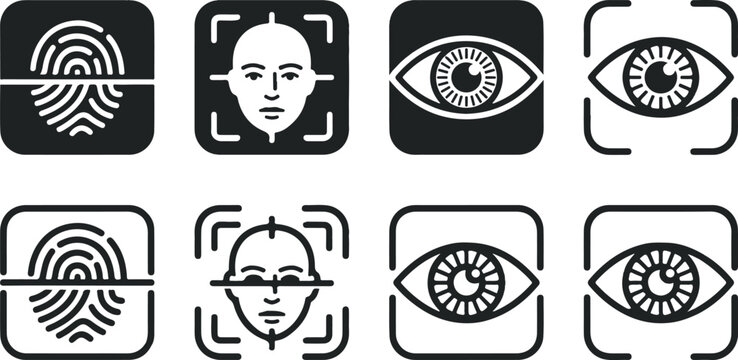 Biometric security icons showing fingerprint, face, and eye recognition