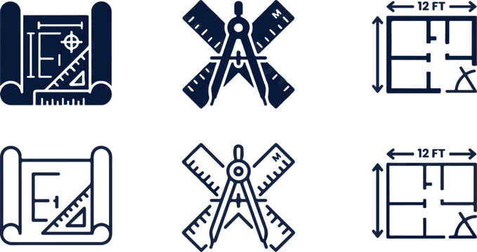 Architectural drafting tools and floor plans icon set