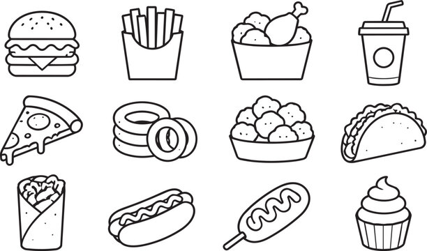 Fast food icons set featuring burger pizza taco hotdog fries