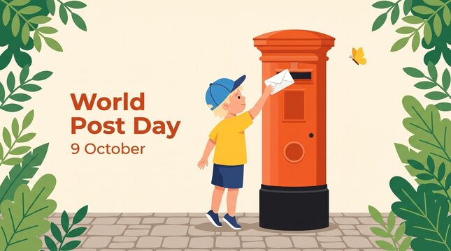 Boy posting letter in red mailbox on world post day