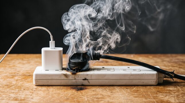 Overloaded power strip extension cord smoking and burning, ideal for electrical safety, fire hazard awareness, and short circuit prevention