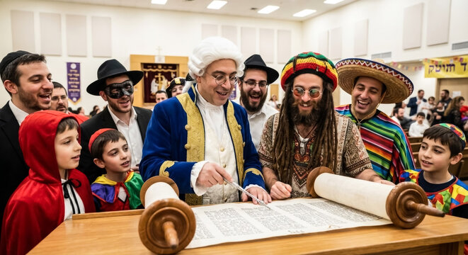 Jewish men and children reading Torah scrolls during a communal celebration in a synagogue interior