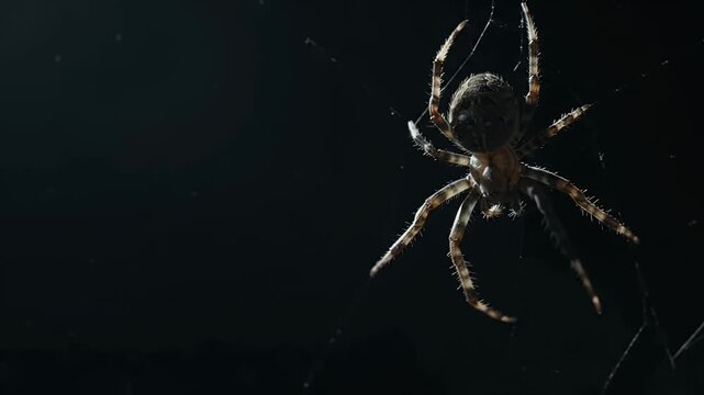 Macro Spider Hanging on Web Dark Background - A detailed, macro shot of a spider suspended from its silk thread against a completely dark, empty background.