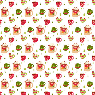 Transparent Christmas hot chocolate mug seamless pattern overlay