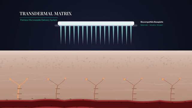 2D medical animation showing a transdermal matrix microneedle patch applied to skin dissolving and releasing drug payload through the epidermis into the capillary network for systemic absorption