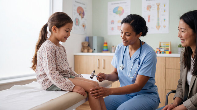 Female pediatrician using a reflex hammer to test knee reflexes on a young girl sitting on an examination table in a medical clinic.