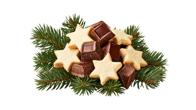 Star cookies and chocolate on green fir branches