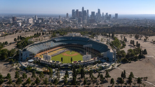Aerial view of Dodger Stadium and the Los Angeles skyline