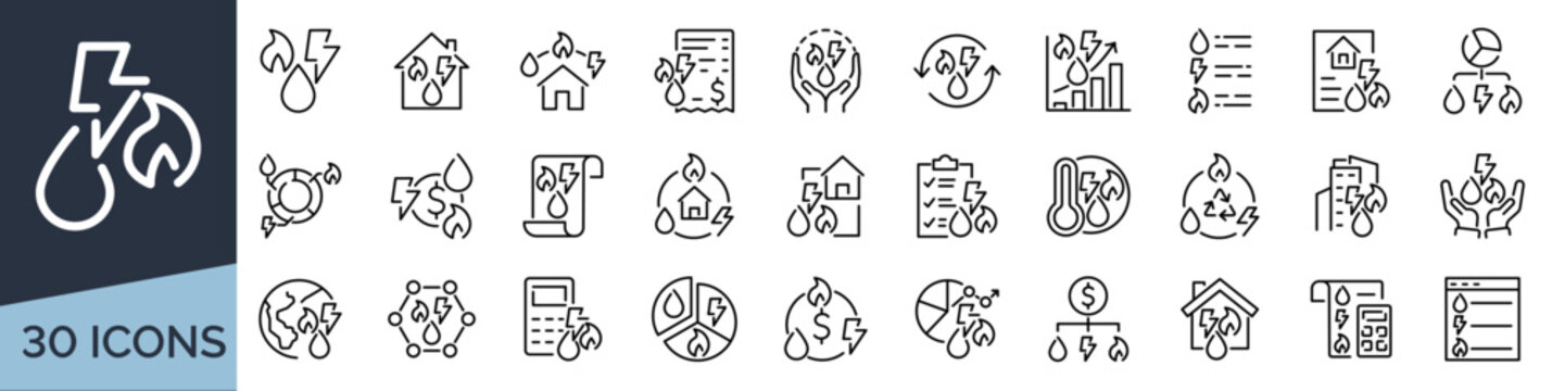 Set of 30 outline icons related to public utilities: gas, electricity, water. Linear icon collection. Editable stroke. Vector illustration