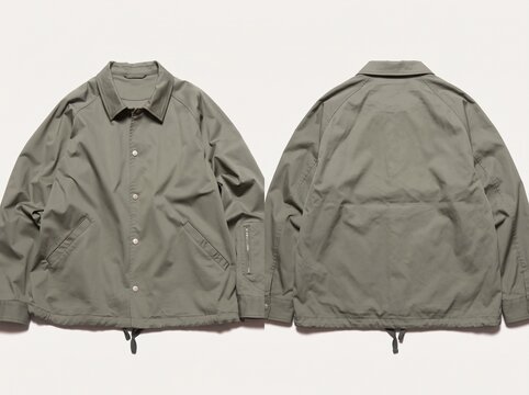 Front and back views of a modern khaki coach jacket with snap buttons and drawstring hem isolated on white background