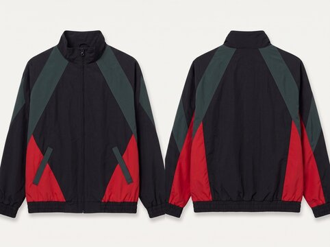 Front and back view of a black colorblock track jacket with red and dark green geometric accents isolated on a white background