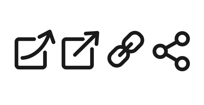 Share link and export action icon set displaying arrow square chain node symbols on a simple white isolated background