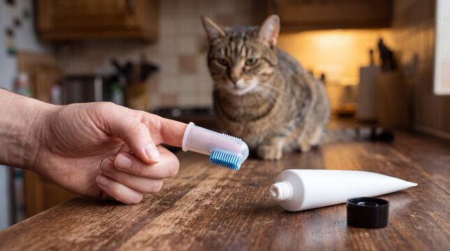 Pet owner preparing a silicone finger toothbrush and enzymatic paste to clean a cat's teeth on a kitchen counter.