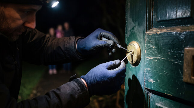 Locksmith in gloves picking a brass rim cylinder lock on a domestic door at night using a headlamp