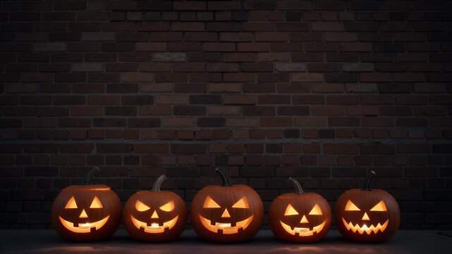 Glowing Jack-o'-Lanterns Against Brick Wall with Copy Space - A row of five carved pumpkins with glowing insides are lined up at the bottom edge of a dark brick wall.