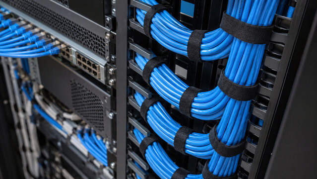 Organized blue network cables secured with velcro ties in a server rack within a data center