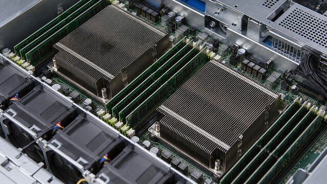 Internal components of a high performance rack server showing heat sinks and memory modules