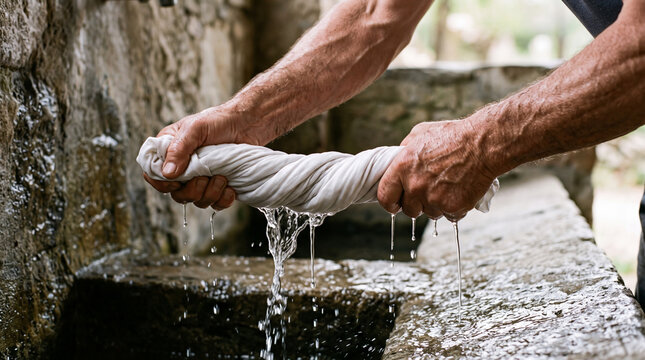 Close view of weathered hands wringing a soaked white cloth over a stone basin in a rural washhouse.