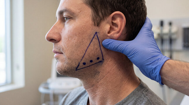 Medical practitioner marking injection points on a male patient's jaw for masseter muscle treatment.