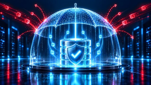 Secure Database Cylinder Under Digital Wireframe Umbrella Deflecting Red Cyber Threats