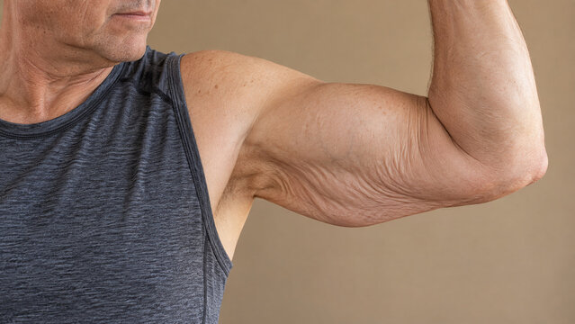 Senior man flexing his arm to show loose skin and muscle tone against a plain background.