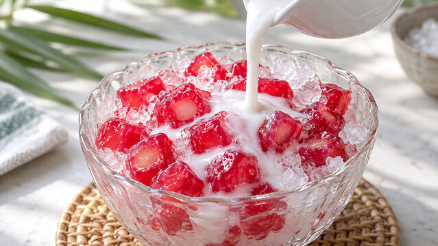 Coconut milk pouring over tub tim krob red rubies with crushed ice in a glass bowl on a woven mat.