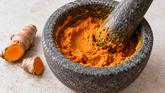 Fresh turmeric paste being prepared in a granite mortar and pestle with whole turmeric roots.