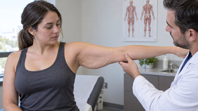 Male doctor examining loose skin on a female patient's upper arm in a clinical office