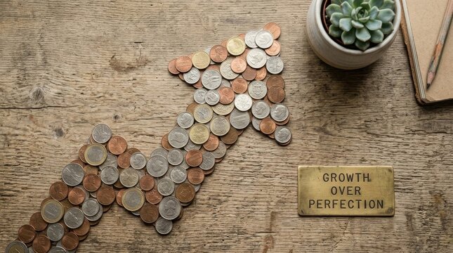Flat lay of diverse international coins arranged in an upward arrow shape on a rustic wood surface with a potted succulent, notebook, and brass plaque reading Growth Over Perfection.