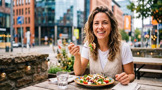 Modern freelance lifestyle balancing remote work, meetings, and daily leisure. A smiling remote worker eats a healthy green salad during her lunch break at a cafe.