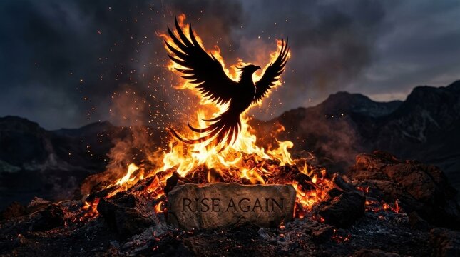 Mythical Phoenix Silhouette Rising from Burning Fire and Glowing Embers above a Stone Tablet Engraved with Rise Again Text against Dark Mountain Landscape at Night.