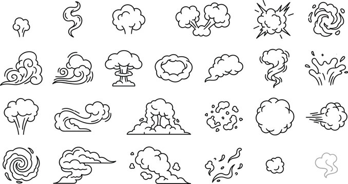 Comic Smoke and Cloud Vector Line Icon Set Featuring Explosions Dust Trails Steam and Wind Symbols for Cartoon Animations Graphic Designs and Games