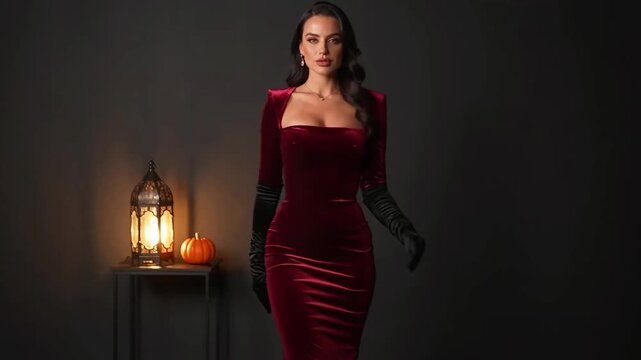 Elegant woman in a burgundy velvet gown and black gloves poses in a moody studio setting with a glowing ornate lantern and a small orange pumpkin.