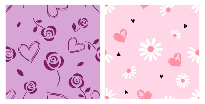 Cute seamless romantic floral pattern featuring purple roses with hand drawn hearts and pink daisies with tiny black hearts on soft pastel backgrounds in simple flat vector style.