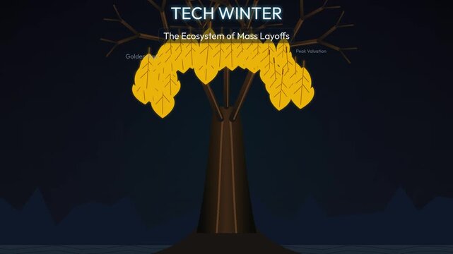 Animated conceptual graphic illustrating the tech winter and mass layoffs ecosystem using an autumn tree metaphor where falling golden leaves represent job losses due to inflation and market shifts