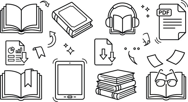 Digital Reading and Ebook Line Art Icon Set featuring Audiobooks PDF Files Tablet Reader Stacked Books and Glasses Symbols for Online Education Website Designs