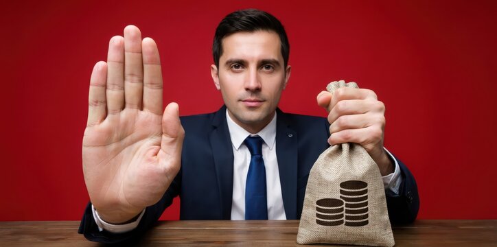 Professional businessman holding money bag and stop sign. Corporate finance and anti bribery concept.